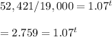 52,421/19,000 = 1.07^{t} \\ \\ =2.759 =1.07^{t}