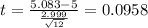 t=\frac{5.083-5}{\frac{2.999}{\sqrt{12}}}=0.0958
