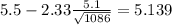 5.5-2.33\frac{5.1}{\sqrt{1086}}=5.139
