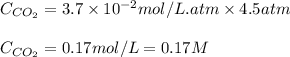 C_{CO_2}=3.7\times 10^{-2}mol/L.atm\times 4.5atm\\\\C_{CO_2}=0.17mol/L=0.17M