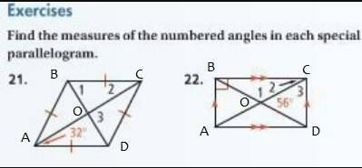 Find the measures of the numbered angles in each special parallelogram, #22