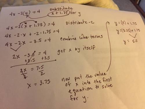 Use substitution to solve the systems of equations.  y=x+1.75 4x-2y=4