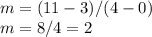 m=(11-3)/(4-0)\\m=8/4=2