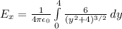 E_{x} = \frac{1}{4\pi\epsilon_0} \int\limits^4_0 {\frac{6}{(y^2+4)^{3/2}}} \, dy