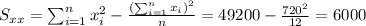 S_{xx}=\sum_{i=1}^n x^2_i -\frac{(\sum_{i=1}^n x_i)^2}{n}=49200-\frac{720^2}{12}=6000
