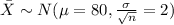 \bar X \sim N(\mu=80, \frac{\sigma}{\sqrt{n}}=2)