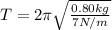 T=2 \pi \sqrt{\frac{0.80 kg}{7 N/m}}