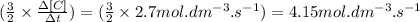 (\frac{3}{2}\times \frac{\Delta [C]}{\Delta t})=(\frac{3}{2}\times 2.7mol.dm^{-3}.s^{-1})=4.15mol.dm^{-3}.s^{-1}