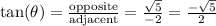 \tan(\theta)=\frac{\text{opposite}}{\text{adjacent}}=\frac{\sqrt{5}}{-2}=\frac{-\sqrt{5}}{2}