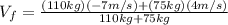 V_{f}=\frac{(110 kg)(-7 m/s) + (75 kg) (4 m/s)}{110 kg + 75 kg}