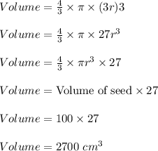 Volume=\frac{4}{3}\times \pi \times (3r)3\\\\Volume=\frac{4}{3}\times \pi \times 27r^3\\\\Volume=\frac{4}3}\times \pi r^3\times 27\\\\Volume=\text{Volume of seed}\times 27\\\\Volume=100\times 27\\\\Volume =2700\ cm^3