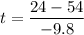 \displaystyle t=\frac{24-54}{-9.8}