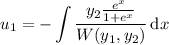 u_1=-\displaystyle\int\frac{y_2\frac{e^x}{1+e^x}}{W(y_1,y_2)}\,\mathrm dx