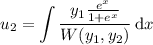 u_2=\displaystyle\int\frac{y_1\frac{e^x}{1+e^x}}{W(y_1,y_2)}\,\mathrm dx