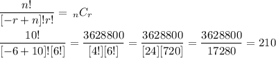 \displaystyle \frac{n!}{[-r + n]!r!} =\: _nC_r \\ \\ \frac{10!}{[-6 + 10]![6!]} = \frac{3628800}{[4!][6!]} = \frac{3628800}{[24][720]} = \frac{3628800}{17280} = 210