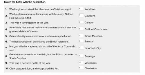 Match the battle with the description 1. washington surprise the hessians on christmas night 2. wash