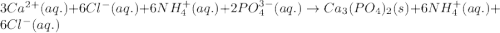 3Ca^{2+}(aq.)+6Cl^-(aq.)+6NH_4^+(aq.)+2PO_4^{3-}(aq.)\rightarrow Ca_3(PO_4)_2(s)+6NH_4^+(aq.)+6Cl^-(aq.)