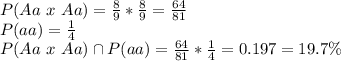 P(Aa\ x\ Aa) = \frac{8}{9} *\frac{8}{9} =\frac{64}{81} \\P(aa) = \frac{1}{4}\\P(Aa\ x\ Aa) \cap P(aa) = \frac{64}{81}*\frac{1}{4} =0.197=19.7\%\\