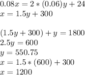 0.08x = 2*(0.06)y + 24\\x = 1.5y +300\\\\(1.5y +300)+y = 1800\\2.5y=600\\y=550.75\\x=1.5*(600) +300\\x=1200