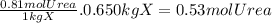 \frac{0.81molUrea}{1kgX} .0.650kgX=0.53molUrea