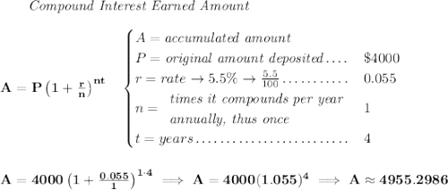 \bf ~~~~~~ \textit{Compound Interest Earned Amount} \\\\ A=P\left(1+\frac{r}{n}\right)^{nt} \quad \begin{cases} A=\textit{accumulated amount}\\ P=\textit{original amount deposited}\dotfill &\$4000\\ r=rate\to 5.5\%\to \frac{5.5}{100}\dotfill &0.055\\ n= \begin{array}{llll} \textit{times it compounds per year}\\ \textit{annually, thus once} \end{array}\dotfill &1\\ t=years\dotfill &4 \end{cases} \\\\\\ A=4000\left(1+\frac{0.055}{1}\right)^{1\cdot 4}\implies A=4000(1.055)^4\implies A\approx 4955.2986