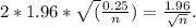 2*1.96*\sqrt(\frac{0.25}{n}) = \frac{1.96}{\sqrt{n}} .