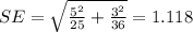 SE=\sqrt{\frac{5^2}{25}+\frac{3^2}{36}}=1.118