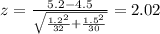z=\frac{5.2-4.5}{\sqrt{\frac{1.2^2}{32}+\frac{1.5^2}{30}}}=2.02