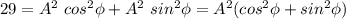 29=A^2\ cos^2\phi+A^2\ sin^2\phi=A^2(cos^2\phi+sin^2\phi)