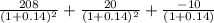 \frac{208}{(1+0.14)^2} +\frac{20}{(1+0.14)^2} +\frac{-10}{(1+0.14)}
