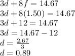3d+8f=14.67\\3d+8(1.50)=14.67\\3d+12=14.67\\3d=14.67-12\\d=\frac{2.67}{3}\\ d=0.89