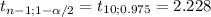 t_{n-1; 1-\alpha /2} = t_{10; 0.975} = 2.228