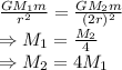 \frac{GM_1m}{r^2}=\frac{GM_2m}{(2r)^2}\\\Rightarrow M_1=\frac{M_2}{4}\\\Rightarrow M_2=4M_1