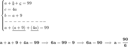 \bf \begin{cases}&#10;a+\underline{b}+\underline{c}=99\\&#10;c=4a\\&#10;b=a+9\\&#10;----------\\&#10;a+\underline{(a+9)}+\underline{(4a)}=99&#10;\end{cases}&#10;\\\\\\&#10;a+a+9+4a=99\implies 6a=99-9\implies 6a=90\implies a=\cfrac{90}{6}