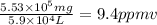 \frac{5.53 \times 10^{5} mg}{5.9 \times 10^{4} L} =9.4ppmv