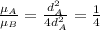 \frac{\mu _{A}}{\mu _{B}}=\frac{d_{A}^{2}}{4d_{A}^{2}}=\frac{1}{4}