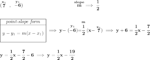 \bf (\stackrel{x_1}{7}~,~\stackrel{y_1}{-6})~\hspace{10em} \stackrel{slope}{m}\implies \cfrac{1}{2} \\\\\\ \begin{array}{|c|ll} \cline{1-1} \textit{point-slope form}\\ \cline{1-1} \\ y-y_1=m(x-x_1) \\\\ \cline{1-1} \end{array}\implies y-\stackrel{y_1}{(-6)}=\stackrel{m}{\cfrac{1}{2}}(x-\stackrel{x_1}{7})\implies y + 6 = \cfrac{1}{2}x-\cfrac{7}{2} \\\\\\ y = \cfrac{1}{2}x-\cfrac{7}{2}-6\implies y = \cfrac{1}{2}x-\cfrac{19}{2}