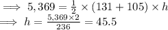 \implies 5,369  = \frac{1}{2}  \times (131 + 105) \times  h\\\implies h = \frac{5,369 \times 2}{236}  =  45.5