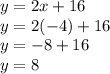 y=2x+16\\y=2(-4)+16\\y=-8+16\\y=8