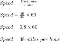 Speed=\frac{Distance}{Time}\\\\Speed=\frac{36}{45}\times 60\\\\Speed=0.8\times 60\\\\Speed=48\ miles\ per\ hour