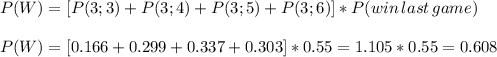 P(W)=[P(3;3)+P(3;4)+P(3;5)+P(3;6)]*P(win\,last\,game)\\\\P(W)=[0.166+0.299+0.337+0.303]*0.55=1.105*0.55=0.608