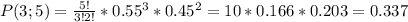 P(3;5)=\frac{5!}{3!2!}*0.55^3*0.45^2 =10*0.166*0.203=0.337