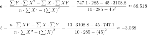 \begin{aligned}        a &= \frac{\sum{Y} \cdot \sum{X^2} - \sum{X} \cdot \sum{XY} }{n \cdot \sum{X^2} - \left(\sum{X}\right)^2} =             \frac{ 747.1 \cdot 285 - 45 \cdot 3108.8}{ 10 \cdot 285 - 45^2} \approx 88.518 \\ \\b &= \frac{ n \cdot \sum{XY} - \sum{X} \cdot \sum{Y}}{n \cdot \sum{X^2} - \left(\sum{X}\right)^2}        = \frac{ 10 \cdot 3108.8 - 45 \cdot 747.1 }{ 10 \cdot 285 - \left( 45 \right)^2} \approx -3.068\end{aligned}