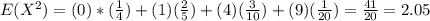 E(X^2)=(0)*(\frac{1}{4})+(1)(\frac{2}{5})+(4)(\frac{3}{10})+(9)(\frac{1}{20})=\frac{41}{20}=2.05