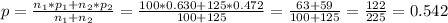 p=\frac{n_1*p_1+n_2*p_2}{n_1+n_2}=\frac{100*0.630+125*0.472}{100+125}=\frac{63+59}{100+125}=\frac{122}{225}=0.542