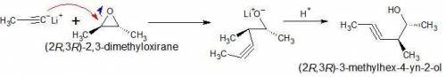 1-propynyllithium reacts with (r,r)-2,3-dimethyloxacyclopropane in a stereoselective reaction. draw