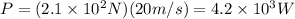 P=(2.1\times10^2N)(20 m/s) = 4.2\times10^3 W