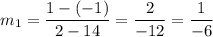 m_1=\dfrac{1-(-1)}{2-14}=\dfrac{2}{-12}=\dfrac{1}{-6}