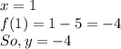 x = 1\\f (1) = 1-5 = -4\\So, y = -4