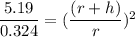 \dfrac{5.19}{0.324}=(\dfrac{(r+h)}{r})^2